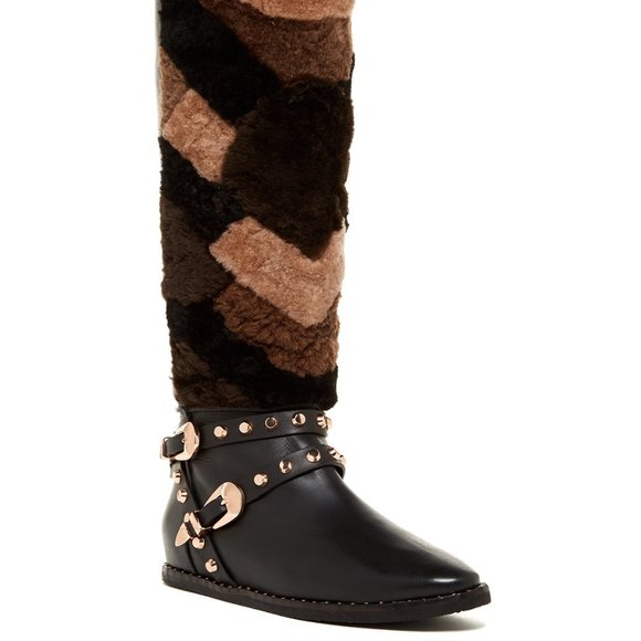 Ivy Kirzhner New Luxe TALL Hidden Wedge Stud Leather & Shearling Boot BLACK πHP - Picture 3 of 17